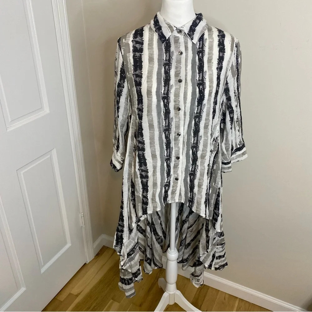 PATRIZIA LUCA Women’s Three Quarter High Low Striped Print Shirt Dress Top L - Picture 4 of 13